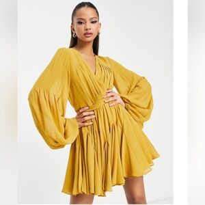 ASOS DESIGN wrap balloon sleeve mini dress with tie waist detail in mustard